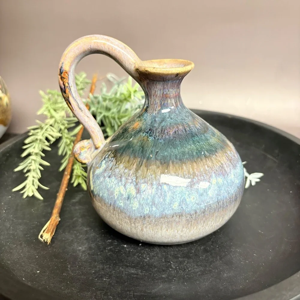 Signed Studio Pottery Pitcher |‎ Small Handmade Ceramic Vase | Blue Drip Glaze